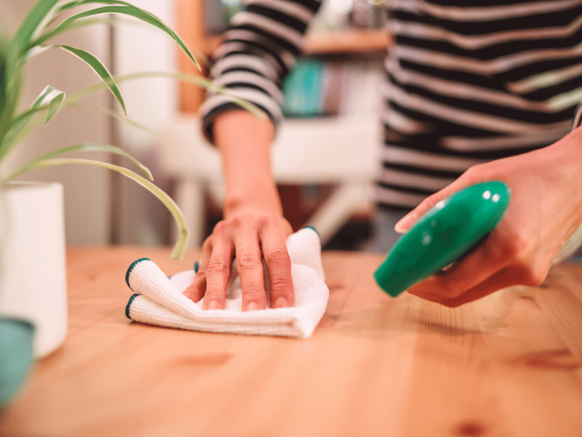 Close up of woman's hands cleaning a countertop